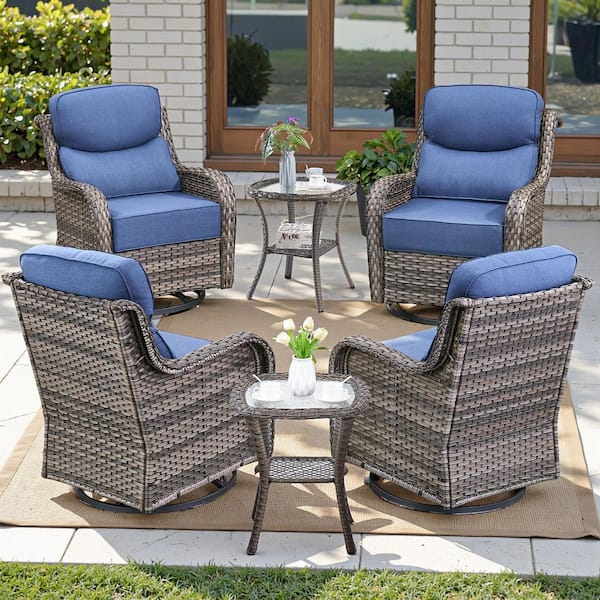 Jhxl Series 6-Piece Gray Wicker Patio Conversation Deep Seating Set with Blue Cushions