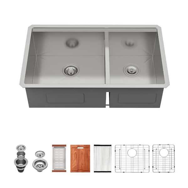 32 in. Undermount Workstation Sink with Low Divide Brushed Double Bowl Kitchen Sink 60/40