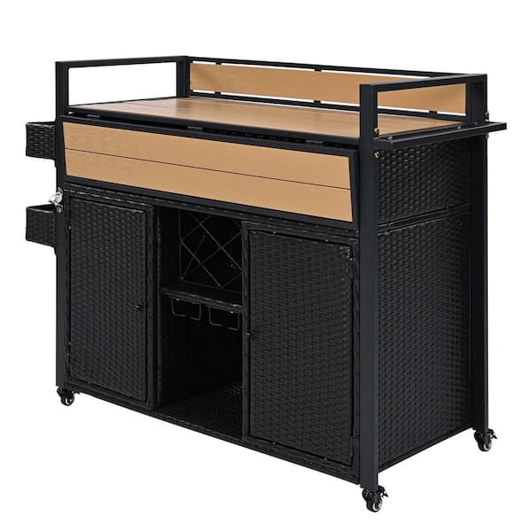 SUNRINX Black Wicker Outdoor Serving Bars with Storage Cabinet