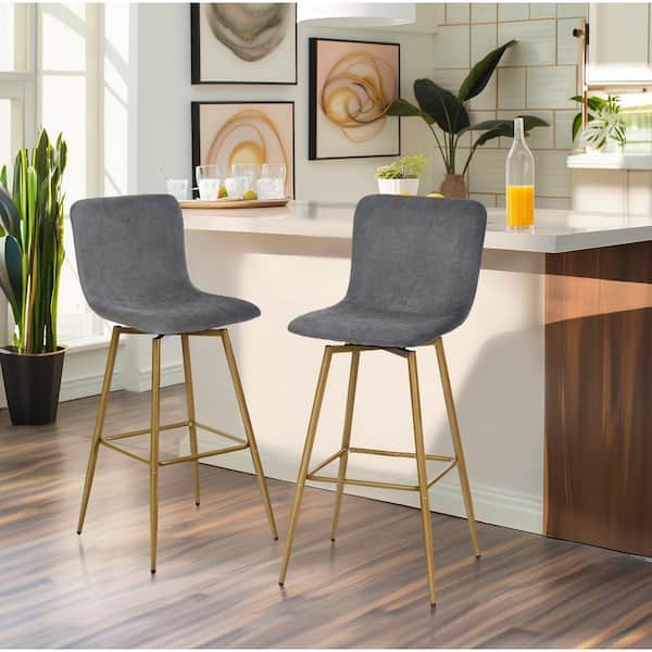 Homy Casa Scargill SW 29.9 in. Dark Grey Terry Fabric High Back Metal Frame Swivel Bar High Stool with Ergonomic Design (Set of 2)