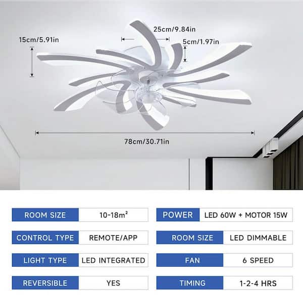 30.71 in. White Modern Low Profile Bladeless Ceiling Fan with Dimmable Integrated LED and Remote Included for Bedroom