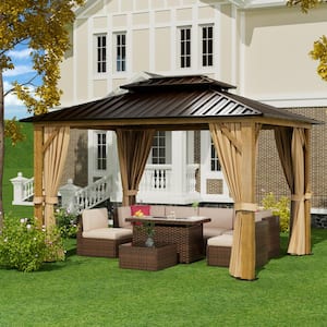 12 ft. x 10 ft. Outdoor Double Hardtop Gazebo, Wooden Finish Coated Aluminum Frame Canopy with Netting, Curtains