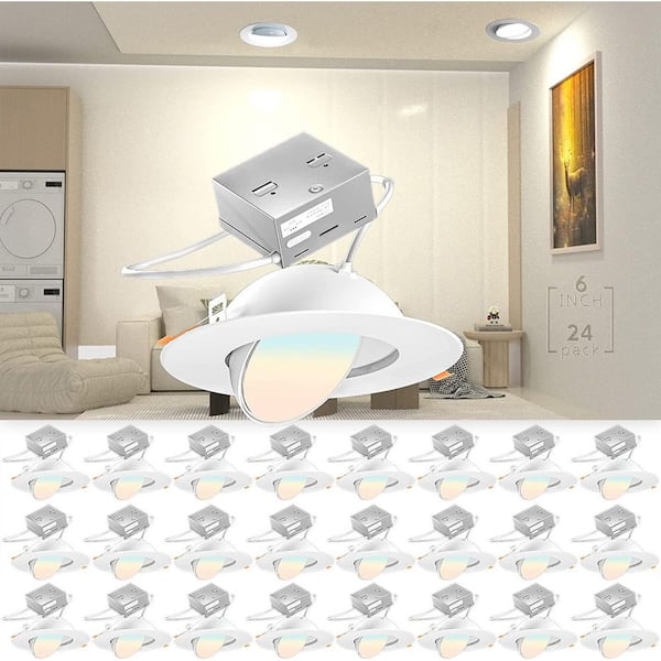 6 in. Canless White Round Gimbal Integrated LED Recessed Light Kit 3 CCT Selectable Dimmable 24-Pack