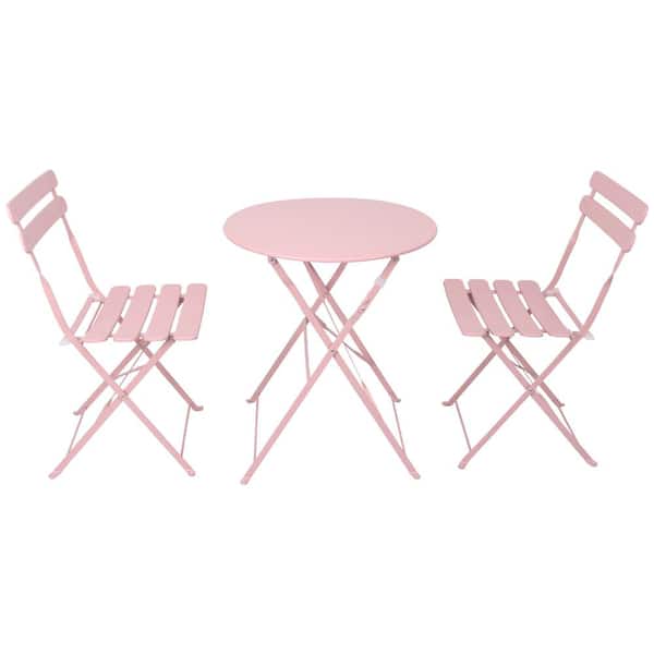Angel Sar Pink 3-Piece Metal Patio Balcony Chair Table Set Outdoor Bistro Set with White Cushions