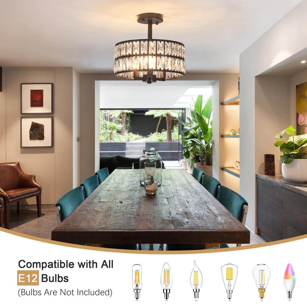 Black Metal and Crystal Drum Semi-Flush Mount Ceiling Light