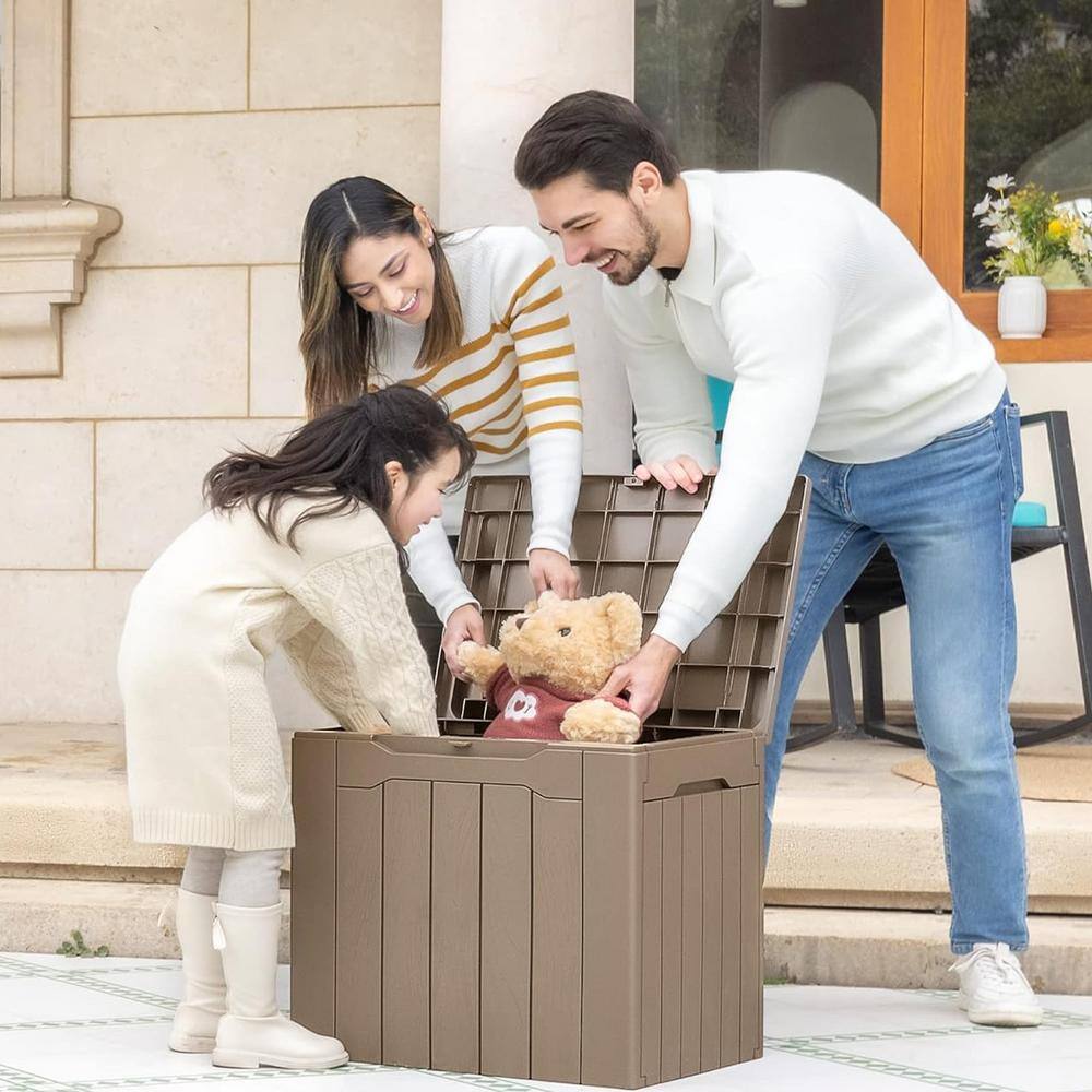 Light Brown Lockable Resin Deck Box with 30 Gallon Capacity