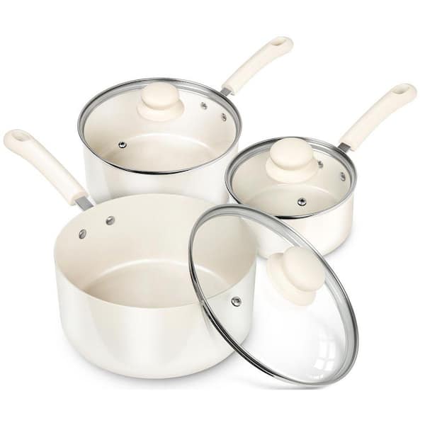 3-Piece Non-Stick Aluminum Sauce Pan Set with Lid, Multi-Pot Set with 1QT, 2QT and 3QT, White