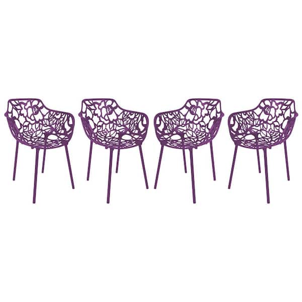 Devon Outdoor Dining Chair in Aluminum Modern Stackable Design Patio Arm Chair in Purple (Set of 4)