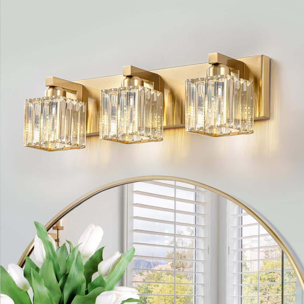 Gold Crystal 3-Light Bathroom Vanity Fixture with Square Shades