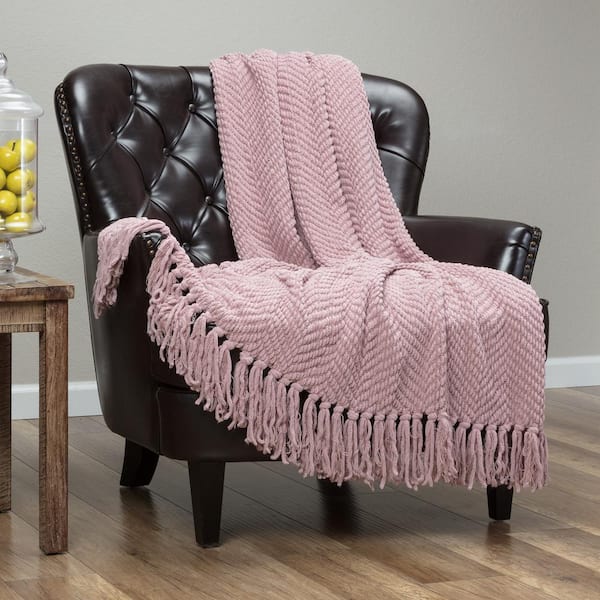 CHANASYA Textured Knit Mauve Acrylic Polyester Throw Blanket with Tassels - 50 in. x 65 in.