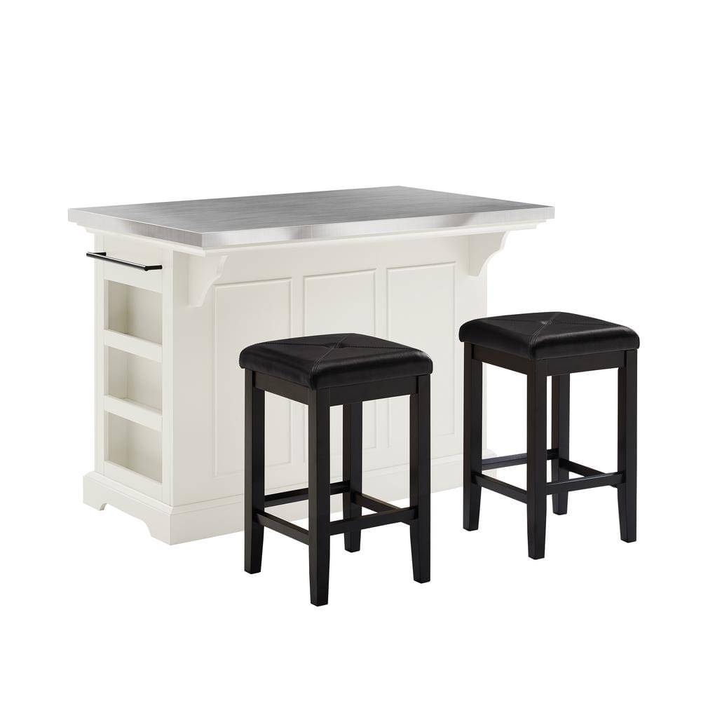 Elegant Julia White and Black Kitchen Island Set with Stainless Steel Top and Upholstered Stools