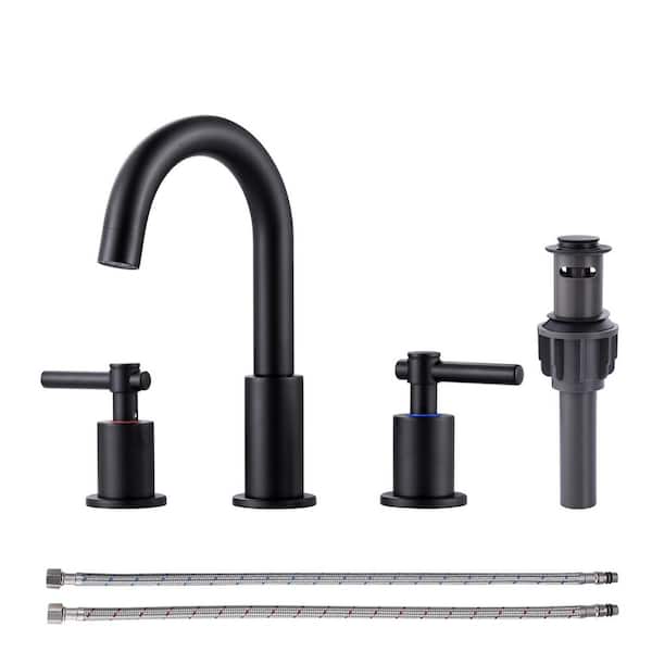 VEVETTA 8 in. Widespread Stainless Steel Double Handle Bathroom Faucet with Pop-up Drain and Supply Hoses in Matte Black
