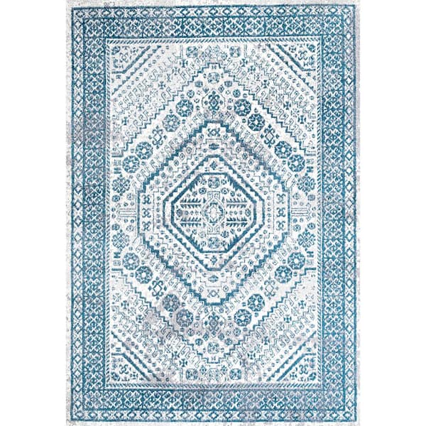 Boho Blue/White 4 ft. x 6 ft. Cottage Medallion Area Rug