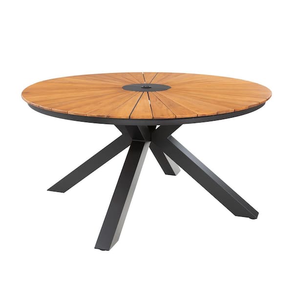 Nuova Round Black Aluminum Outdoor Dining Table with Teak Tabletop