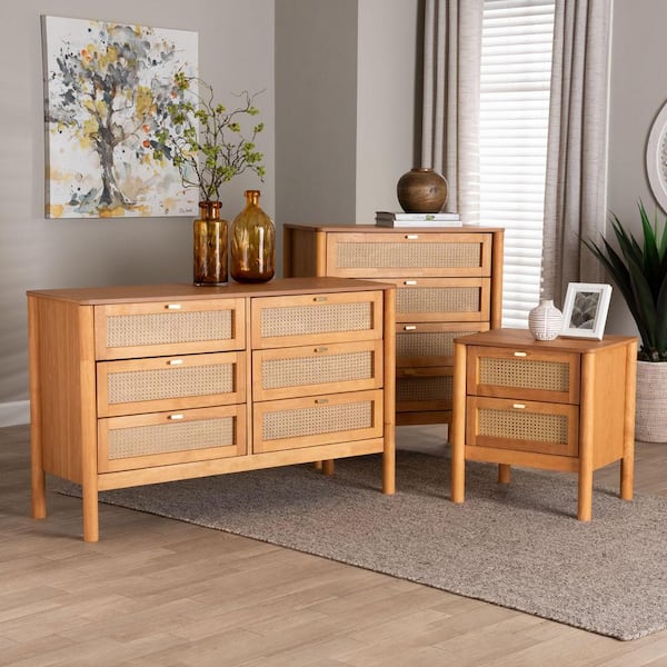 Jenn 3-Piece Golden Brown Wood Queen Bedroom Set with Distressed Rattan