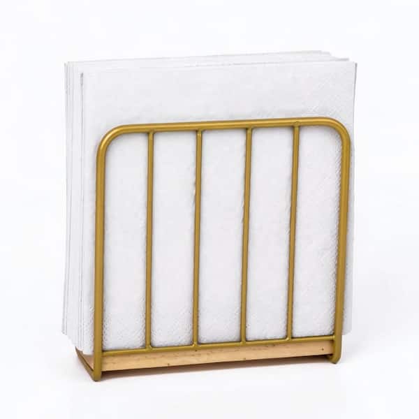 Modern Farmhouse Vertical Napkin Holder with Solid Wood Base and Gold Metal Frame for Kitchen Counter