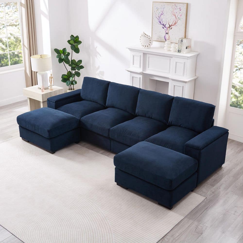 Jaxon Modern 122 in. Storage Square Arms Polyester Upholstery U-Shaped Sectional Sofa in. Dark Blue with Ottomans