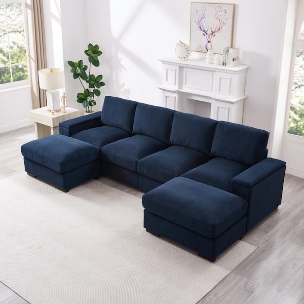 Jaxon Modern 122 in. Storage Square Arms Polyester Upholstery U-Shaped Sectional Sofa in. Dark Blue with Ottomans