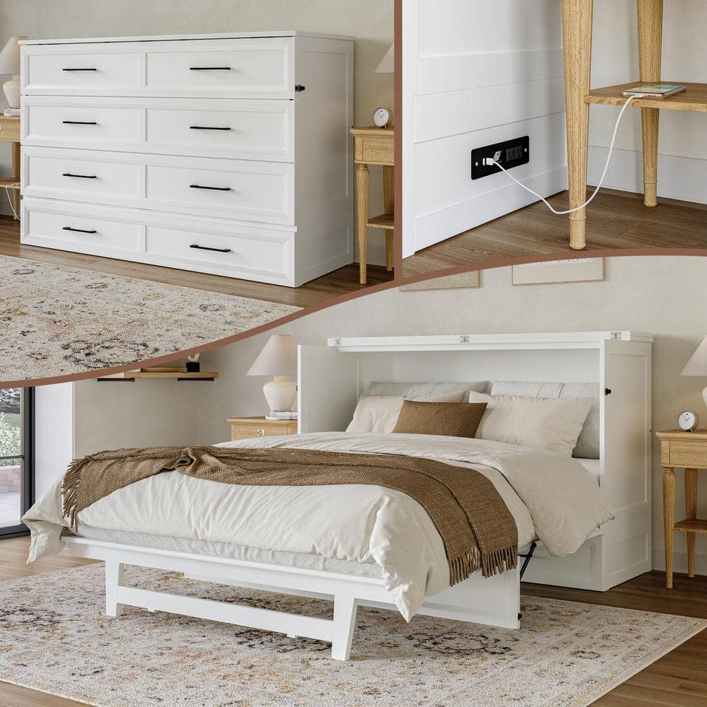 Tucson White Wood Frame Queen Size Murphy Bed Chest with Mattress, Storage Drawer and Built-in Charging Station