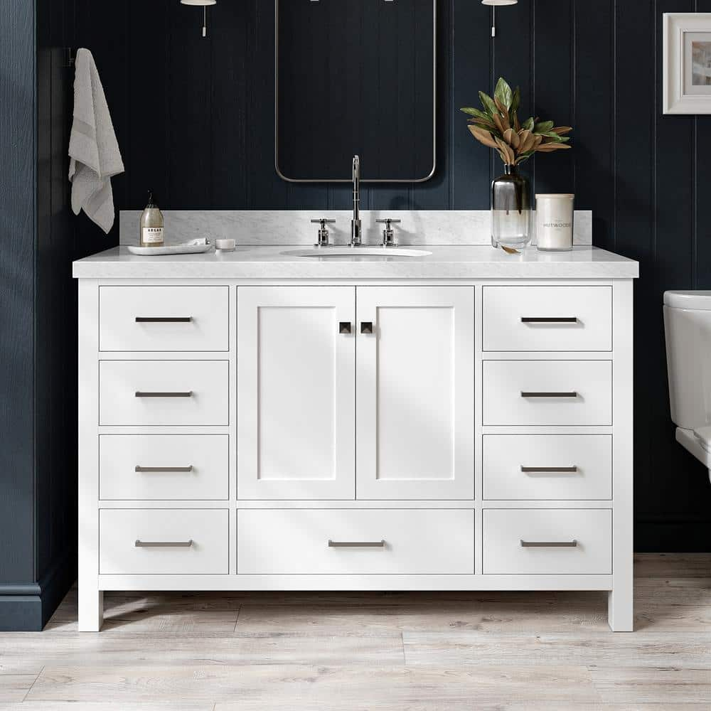 Cambridge 55 in. W x 22 in. D x 36 in. H Bath Vanity in White with Carrara White Marble Top -  ARIEL, A055S-VO-WHT