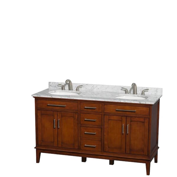 Wyndham Collection Hatton 60 in. Double Vanity in Light Chestnut with Marble Vanity Top in Carrara White and Oval Sinks