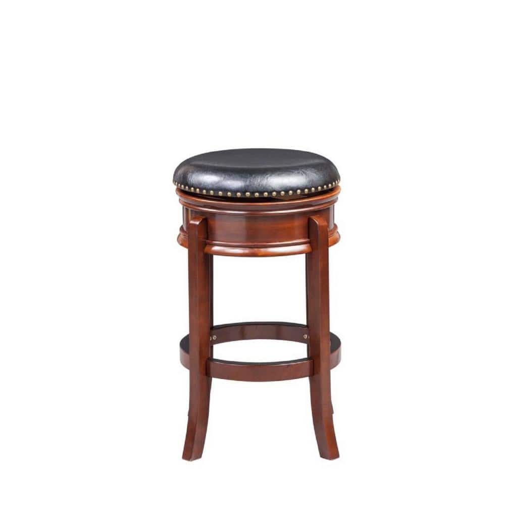 Cherry Wood and Black Leather Swivel Bar Stool