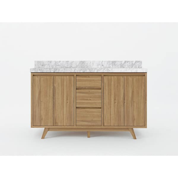 Willow Collections Madison Teak 60 in. W x 22 in. D x 36 in. H Double Sink Bath Vanity in Golden Teak with 2 in Carrara Marble Top