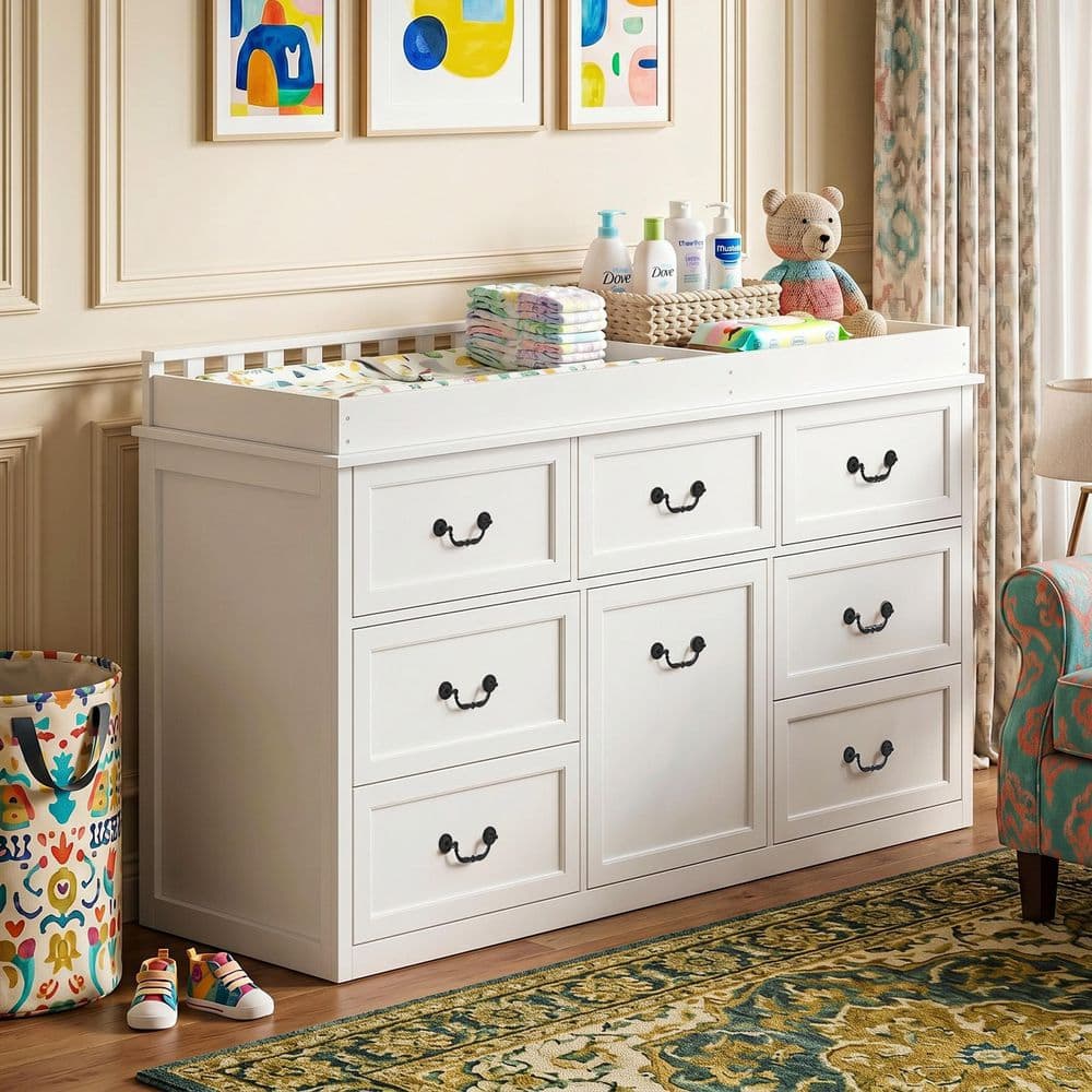 dresser and changing table FUFU&GAGA 58.7 in. W White Pine Wood Dressers, Kids Dressers, Changing Table with 8 Drawers, Open Shelf and Cabinet Storage