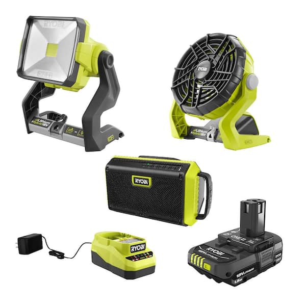 RYOBI ONE+ 18V Cordless 3-Tool Campers Combo Kit with Work Light, Speaker, Fan, 1.5 Ah Battery, and Charger