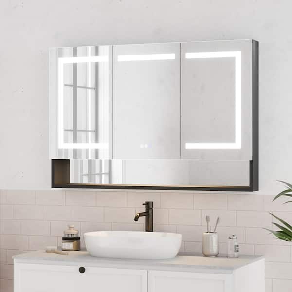 ExBrite 48 in. W x 32 in. H Black Aluminum Recessed/Surface Mount Dimmable Medicine Cabinet with Mirror, LED and Shelves