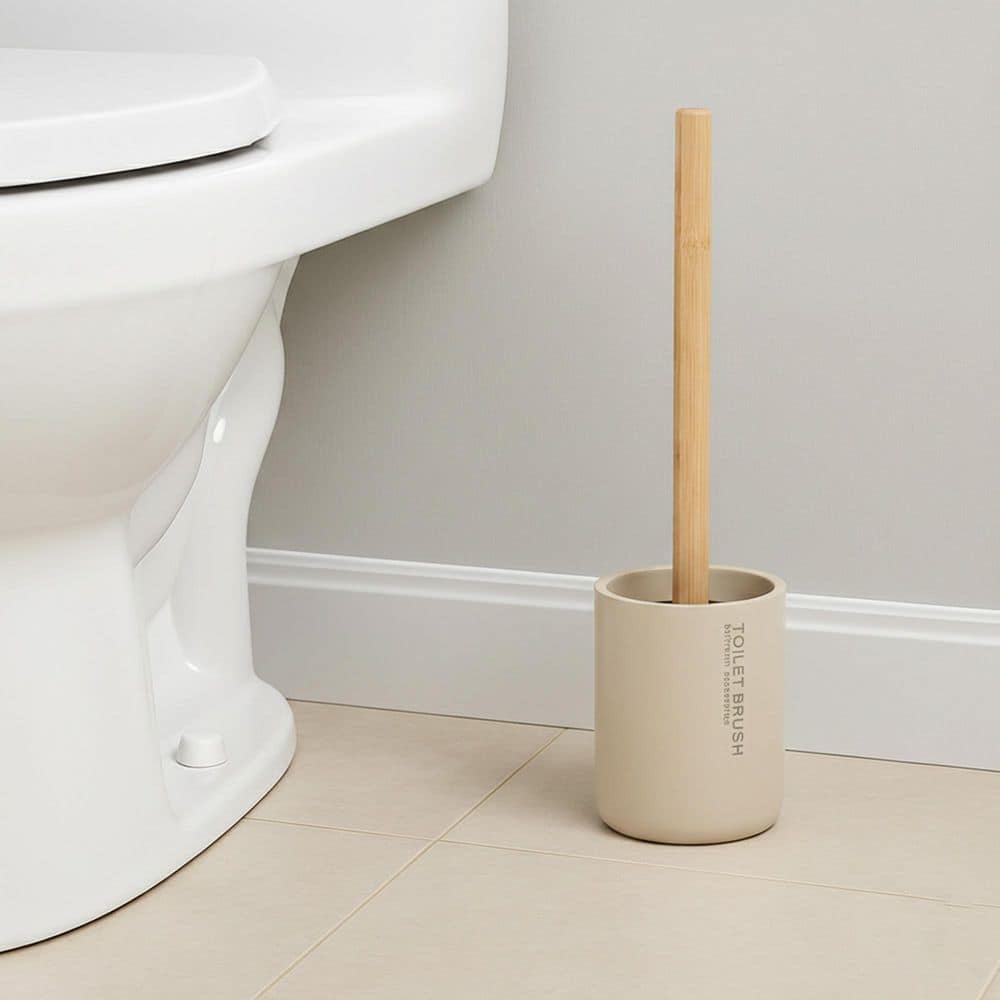 Stylish Matte Beige Toilet Brush and Holder Set with Natural Bamboo Handle - Polyresin Bathroom Cleaning Solution price history on PriceWatchPro