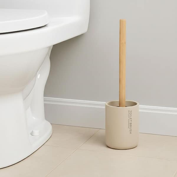 Stylish Matte Beige Toilet Brush and Holder Set with Natural Bamboo Handle - Polyresin Bathroom Cleaning Solution