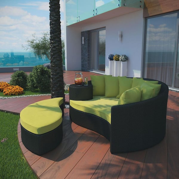 MODWAY Quest Wicker Rattan Outdoor Patio Canopy Sectional Daybed with Cushion in Espresso Red