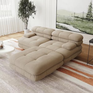 Vintage 73 in. Square Arm 3-Piece Velvet Curved Soriana Sectional Sofa with Ottoman in Light Brown