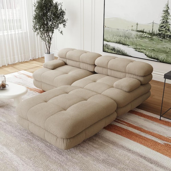 Magic Home Vintage 73 in. Square Arm 3-Piece Velvet Curved Soriana Sectional Sofa with Ottoman in Light Brown