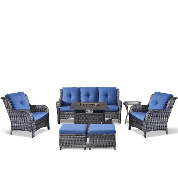Gymojoy Carolina 7-Piece Wicker Patio Fire Pit Patio Seating Set with Cushions