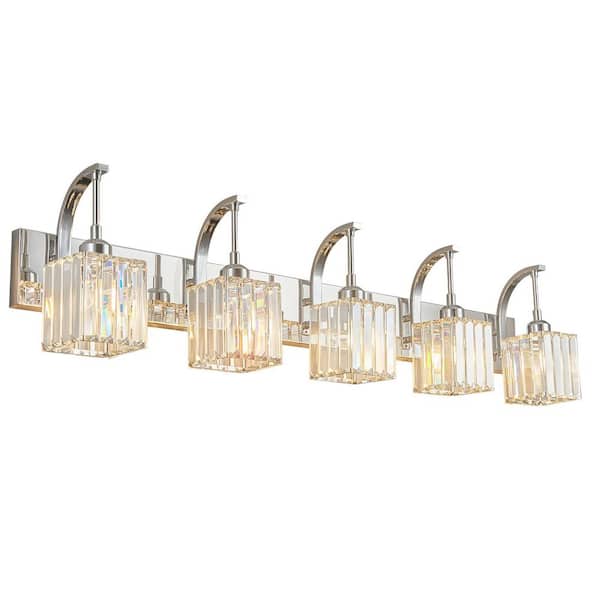 Home Lighting 42.51 in. 5-Light Chrome Square Vanity Lights with Crystal Accents Over Mirror For Bathroom（JW-294）