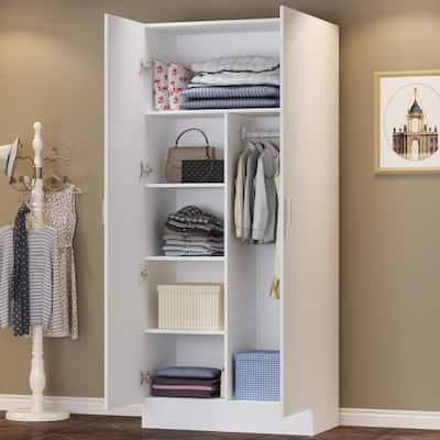 Costway White Plastic 31.5 in. Storage Wardrobe Cabinet Mobile Armoire  Closet with Hanging Rod and Adjustable Shelf HU10441WH - The Home Depot