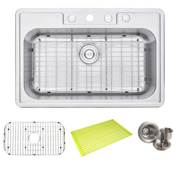 Topmount Drop In Stainless Steel 33 in. x 22 in. x 9 in. Deep 4 Faucet Holes Single Bowl Kitchen Sink with Accessories