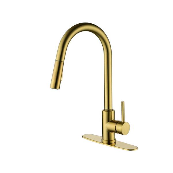 Utopia 4niture Seah Single Handle Deck Mount Gooseneck Pull Down Sprayer Kitchen Faucet with Deckplate Included in Gold