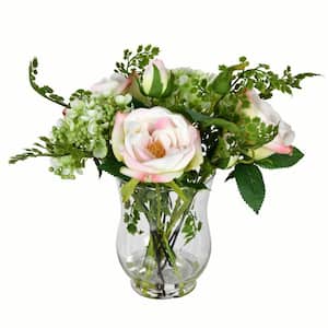 11 in. Pink Artificial Rose Floral Arrangement in Glass Vase