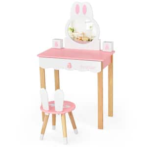Kids Vanity Set Rabbit Pink Armoire Makeup Dressing Table Chair Set 40.5 in. x 23.5 in. x 13.5 in.