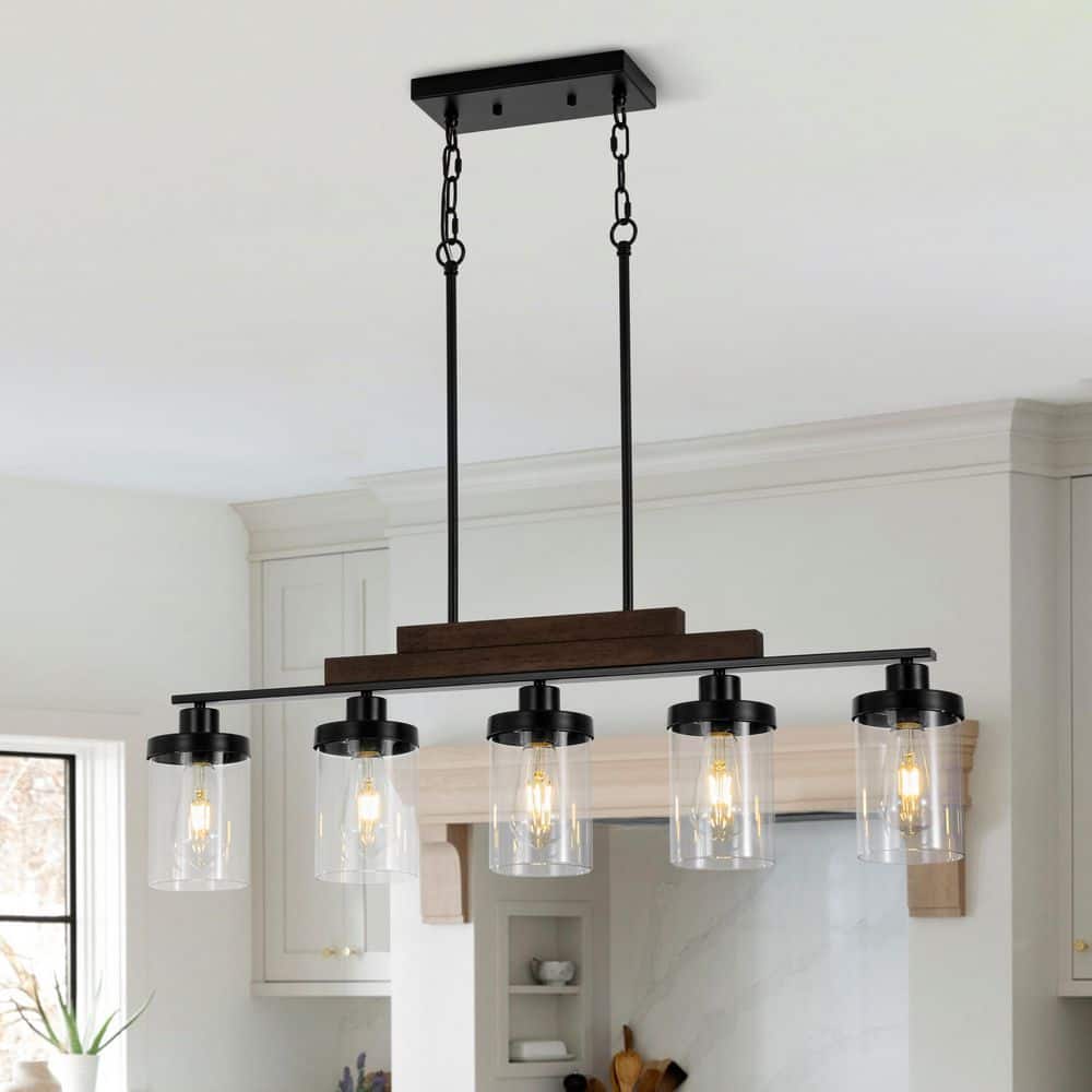 Raquel 5-Light 35.6 in.W Matte Black and Walnut Wood Rectangle Chandelier with Clear Glass Shades for Kitchen Island price history on PriceWatchPro
