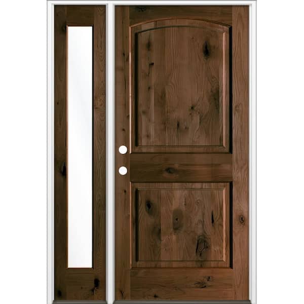 50 in. x 80 in. Knotty Alder 2 Panel Arch-Top Right-Hand/Inswing Clear Glass Espresso Stain Wood Prehung Front Door LFSL