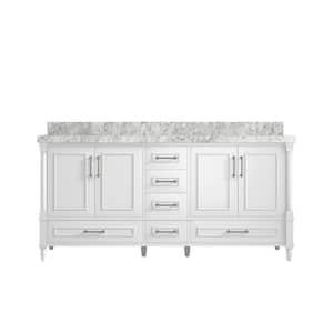 Hudson 72 in. W x 22 in. D x 36 in. H Double Sink Bath Vanity in White with 2 in. Carrara Marble Top