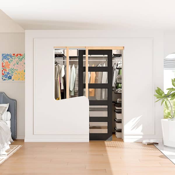 24 in. x 80 in. 5-Lite Clear Glass Black PVC Covering MDF Wood Pocket Door with Soft-Close and Frame Kit Set