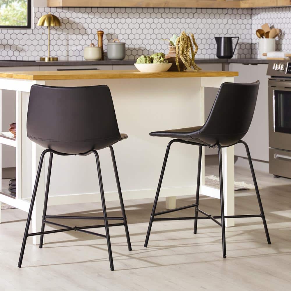 24" Black Faux Leather and Metal Counter Stools, Set of 2
