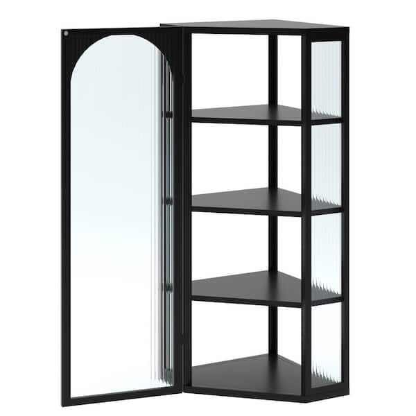 41.3 in. H Wall Cabinet, Black Metal Bathroom Corner Cabinet with Glass Doors ＆ Shelves, Hanging Corner Storage Cabinet