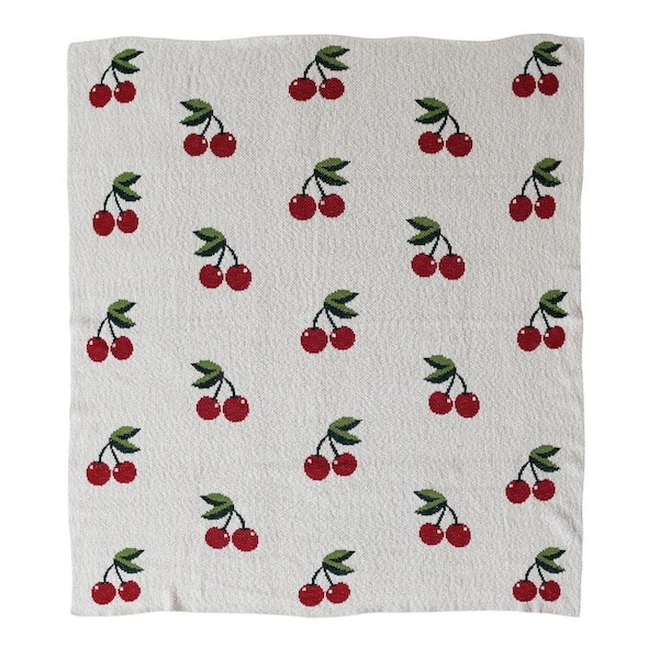 Multicolor Cotton Knit Throw Blanket with Cherry Motif