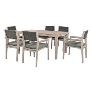 White Washed 7-Piece Wood Outdoor Dining Set with Rattan Backrest and Grayish Green Cushions